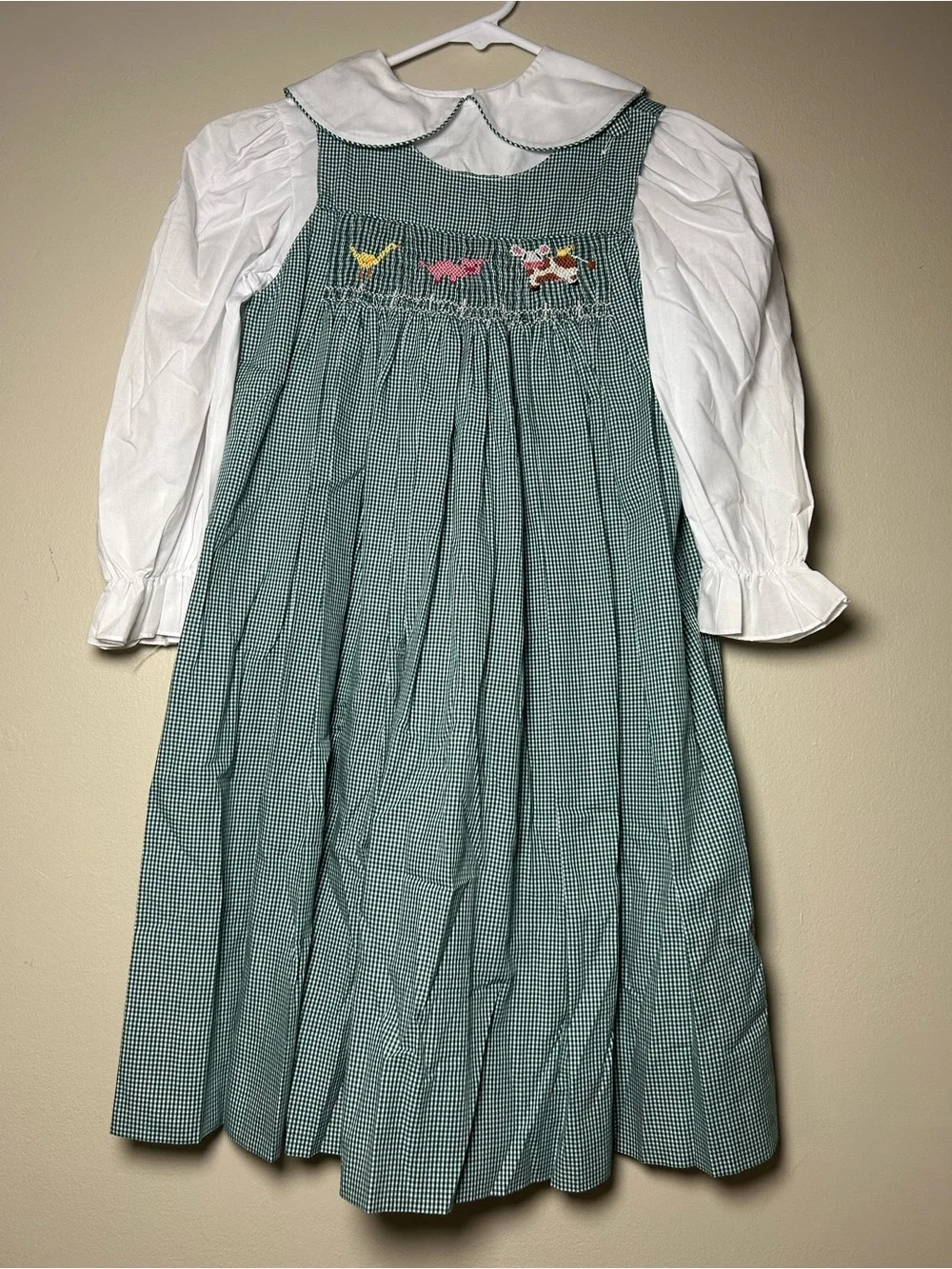 Amanda Remembered Girls 6X Green Gingham Smocked Cow Dress w/ White Blouse